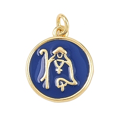 Темно-Синий Латунь эмаль подвески, с целью перехода в кольце, плоский круглый с религиозными амулетами, без свинца и без кадмия, долговечный, реальный 18 k позолоченный, стойки покрытие, темно-синий, 16.5x14x1.5 мм, отверстие : 2.5 мм