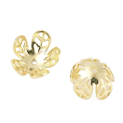Настоящее золото 14K Шапочки и конусы для бусин, латунные, 5-лепестков цветка, реальный 14 k позолоченный, 7.5x7.5x4.5 мм, отверстие : 0.8 мм