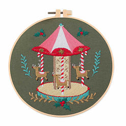 Building DIY Christmas Theme Embroidery Kits, Including Printed Cotton Fabric, Embroidery Thread & Needles, Plastic Embroidery Hoop, Building, 200x200mm