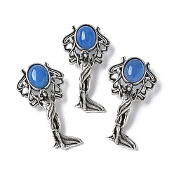 Blue Agate Подвески из натурального голубого агата в форме ангела из латуни, с целью перехода в кольце, античное серебро, окрашенная и подогревом, 38x19.5x7.5~9.5 мм, отверстие : 2x6.5 мм