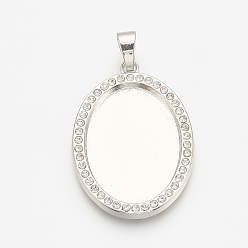 Platinum Alloy Pendant Cabochon Settings, Cadmium Free & Lead Free, Picture Memory Frame Pendants, with Rhinestone, Oval, Platinum, Tray: 40x30mm, 51.5x38.5x2.5mm, Hole: 4x6mm