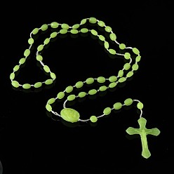 Lawn Green Luminous Plastic Rosary Bead Necklace, Glow in the Dark Cross Pendant Necklace for Women, Lawn Green, 21.65 inch(55cm)