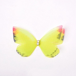 Yellow Handmade Netting Fabric Woven Costume Accessories, with Crystal Rhinestone, Butterfly, Yellow, 50mm