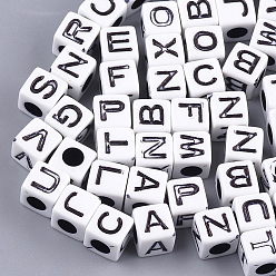 White Craft Style Acrylic Beads, Horizontal Hole, Cube with Letter, White, 7x7x7mm, Hole: 3.5~4mm, about 1950pcs/500g