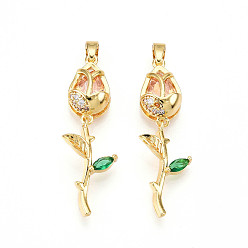 Персиковый Слойка Латунные микро проложить кубического циркония подвески, без кадмия и без свинца, , реальный 18 k позолоченный, розовые, 32~33.5x11x6.5 мм, отверстие : 5x2.5 мм