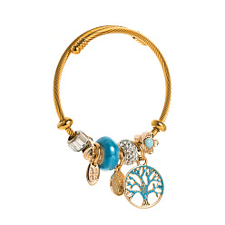 Sky blue Gold Stainless Steel Pandora Bracelet with DIY Tree of Life Oil Drop Pendant Adjustable Open Bangle