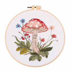 White Mushroom Pattern Embroidery Starter Kits, including Embroidery Fabric & Thread, Needle, Embroidery Hoop, Instruction Sheet, White, 300x300mm