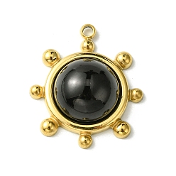 Obsidian Ion Plating(IP) 304 Stainless Steel Pave Natural Obsidian Pendants, Granulated Flat Round Charms, Real 14K Gold Plated, 19.5x17x4.5~6mm, Hole: 1.5mm