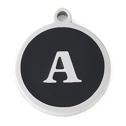 Letter A 201 подвески из нержавеющей стали, с черной эмалью, цвет нержавеющей стали, плоские круглые с буквы, буква a, 18.5x15.5x2 мм, отверстие : 1.6 мм