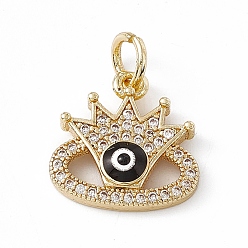 Black Rack Plating Brass Enamel Cubic Zirconia Charms, Crown with Evil Eye Charm, with Jump Ring, Long-Lasting Plated, Real 18K Gold Plated, Lead Free & Cadmium Free, Black, 15x15x3.6mm, Hole: 4mm
