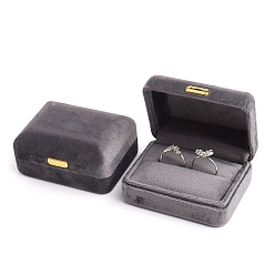 Dark Gray Rectangle Velvet Double Ring Storage Box, Jewelry Gift Case with Iron Clip, for Rings, Dark Gray, 7.7x5.9x3.6cm