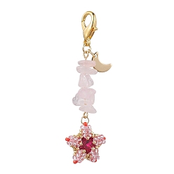 Rose Quartz TOHO Seed Pendant Decorations, with Natural Rose Quartz Beads and Pointed Back & Back Plated K9 Glass Rhinestone Cabochons, Zinc Alloy Lobster Claw Clasps, Star, 65~66mm, Pendants: 49~50x18~19x6~7mm