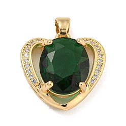 Green Brass Micro Pave Clear Cubic Zirconia Pendants, with Glass, Heart, Green, 17x17.2x7mm, Hole: 4x2.5mm