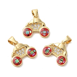 Красный Автомобильные латунные подвески с микропаве и кубическим цирконием, с эмалью и ракушкой, долговечный, без свинца и без кадмия, реальный 18 k позолоченный, красные, 14x16x3 мм, отверстие : 4x5 мм