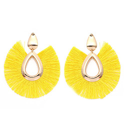 Yellow Alloy Teardrop Stud Earrings, Bohemia Style Horseshoe Tassel Dangle Earrings for Women, Yellow, 80x68mm