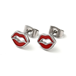 FireBrick Enamel Lip Stud Earrings with 316 Surgical Stainless Steel Pins, Stainless Steel Color Plated 304 Stainless Steel Jewelry for Women, FireBrick, 7x8.5mm, Pin: 0.8mm