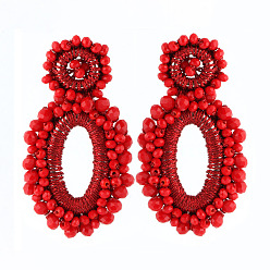 Red Rhinestone Braided Ear Studs for Women, Oval, Bohemian Style, Red, 70x43mm