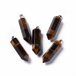 Tiger Eye Natural Tiger Eye Double Terminated Pointed Pendants, with Platinum Tone Brass Findings, Bullet, 39x10x10mm, Hole: 3x6mm