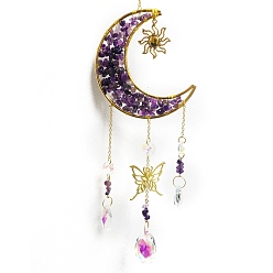Amethyst Moon & Star & Butterfly Glass Hanging Suncatcher, with Amethyst Chips, 410mm