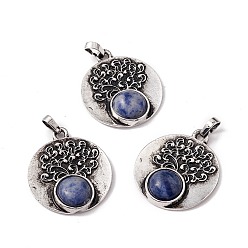 Blue Spot Jasper Natural Blue Spot Jasper Alloy Pendants, Lead Free & Cadmium Free, Antique Silver, Flat Round with Tree, 28.5x24.5x6.5mm, Hole: 4x3.5mm
