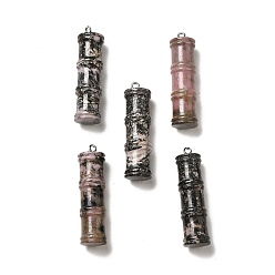Rhodonite Natural Rhodonite Pendants, Bamboo Stick Charms, with Stainless Steel Color Tone 304 Stainless Steel Loops, 45x12.5mm, Hole: 2mm