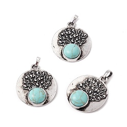 Synthetic Turquoise Synthetic Turquoise Alloy Pendants, Lead Free & Cadmium Free, Antique Silver, Flat Round with Tree, 28.5x24.5x6.5mm, Hole: 4x3.5mm
