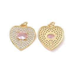 Pearl Pink Heart Brass Micro Pave Cubic Zirconia Pendants, with Jump Rings, Cadmium Free & Nickel Free & Lead Free, Real 18K Gold Plated, Pearl Pink, 18x17x4mm, Hole: 3mm