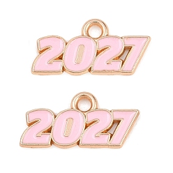 Pink Подвески из эмали и сплава, число 2027 прелести, золотые, розовые, 9x18x1.5 мм, отверстие : 1.8 мм