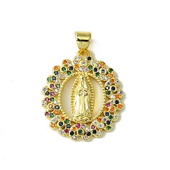 Colorful Real 18K Gold Plated Brass Micro Pave Random Color Cubic Zirconia Pendants, Oval with Virgin Mary Pattern Charms, Colorful, 23.5x20x3mm, Hole: 3.5x4mm
