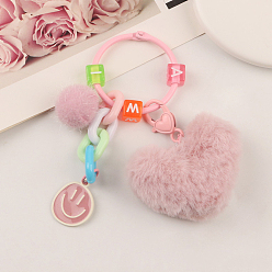 Pink Plush Heart Pendant Decorations, Alloy Enamel Smiling Face Keychain Ornaments, Pink, 60mm