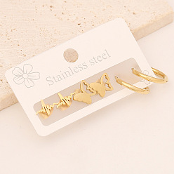 Golden 3 Pairs 3 Style 304 Stainless Steel Hoop Earrings, Stud Earrings, Butterfly & Ring & Heart Beat, Golden, 60x40mm, 1 Pair/style