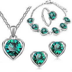 Green Glass Heart Jewelry Set, Platinum Alloy Pendant Necklace & Chain Bracelet & Stud Earrings & Adjustable Ring, Green, 450mm, 11x12mm, Inner Diameter: 17mm, 230mm