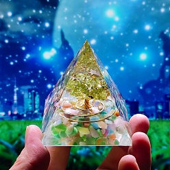 Yellow Green Orgonite Pyramid Resin Display Decorations, with Brass & Natural Peridot Chips Tree of Life Inside, for Home Office, Yellow Green, 60x60mm