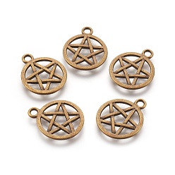 Antique Bronze Tibetan Style Alloy Flat Round with Star Charms, Wicca Charms, Pentacle, Lead Free & Nickel Free, Antique Bronze, 20.5x16.9x1.7mm, Hole: 2.2mm
