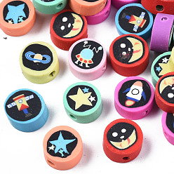 Mixed Color Handmade Polymer Clay Beads, Flat Round with Space Theme Pattern, Mixed Color, 9~10x4~5mm, Hole: 1.6mm