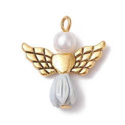 Gainsboro Resin Imitation Pearl Pendants, Rose Angel Charms with Antique Golden Plated Alloy Heart Wings, Gainsboro, 23.5~24x22x6.5mm, Hole: 1.8~2.2mm