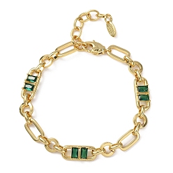Зеленый Браслет-цепочка из латуни в виде кольца и скрепки с микропаве из кубического циркония для женщин., реальный 18 k позолоченный, без кадмия и без свинца, стойки покрытие, долговечный, зелёные, 6.89 дюйм (17.5 см)