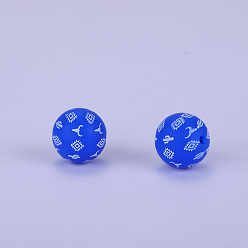 Medium Blue Printed Round with Rhombus Pattern Silicone Focal Beads, Medium Blue, 15x15mm, Hole: 2mm