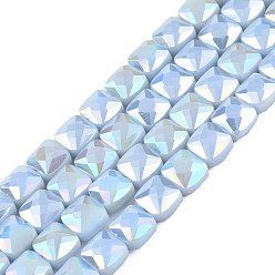 Light Sky Blue Electroplate Opaque Solid Color Glass Beads Strands, AB Color Plated, Faceted, Square, Light Sky Blue, 6.5x6.5x4.5mm, Hole: 1.2mm, about 97~99Pcs/strand, 25 inch(63.5cm)