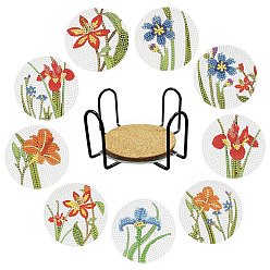 Flower DIY Cup Mats Diamond Painting Kits, Including Flat Round Coasters, Cork Pads, Iron Coaster Holder, Resin Rhinestones, Diamond Sticky Pen, Tray Plate and Glue Clay, Flower Pattern, 100mm