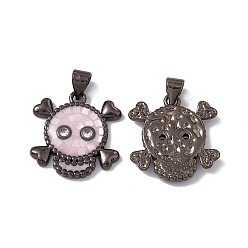 Pink Halloween Natural Shell Pendants, Skull Charms, Dyed, with Rack Plating Gunmetal Tone Brass Findings, Long-Lasting Plated, Pink, 19.5x18.5x3mm, Hole: 4x3.5mm