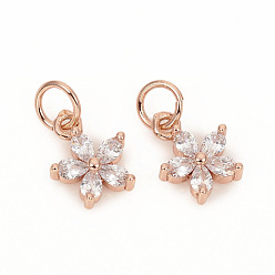 Розовое Золото Латунные микро проложить кубического циркония прелести, с прыжковых колец, цветок, прозрачные, розовое золото , 9.5x7.8x2.5 мм, кольца прыжок: 4.8x0.8 мм, 3.2 мм внутренним диаметром