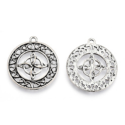 Antique Silver Tibetan Style Alloy Pendants, Cadmium Free & Lead Free, Flat Round with Knot, Antique Silver, 32x28.5x1.5mm, Hole: 2mm