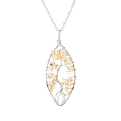 Citrine Natural Citrine Chips Beaded Horse Eye with Tree Pendant Necklaces, with Platinum Brass Chains, 20.08 inch(51cm)