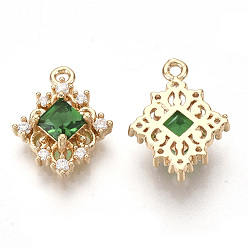 Sea Green Golden Tone Brass Pendants, with Faceted Glass and Clear Rhinestone, Rhombus, Sea Green, 14.5x11x4mm, Hole: 1.2mm, Diagonal Length: 14.5mm, Side Length: 10mm