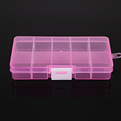 Deep Pink 10 Grids Transparent Plastic Removable Bead Containers, with Lids and White Clasps, Rectangle, Deep Pink, 12.8x6.5x2.2cm