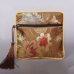 Peru Square Chinese Style Cloth Tassel Bags, with Zipper, for Bracelet, Necklace, Peru, 11.5x11.5cm