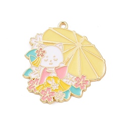 Kaki Clair Pendentifs en émail , Chat en kimono de style japonais avec breloque parapluie, or, kaki clair, 33.5x31.5x1mm, Trou: 2mm
