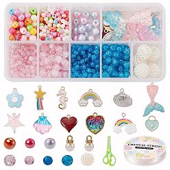 Mixed Color DIY Jewelry Making Kits, Including Poly Styrene Acrylic Beads, Crackle Glass Beads, Spray Painted Crackle Glass Beads, Imitation Pearl Acrylic Beads, Sea Horse Alloy Enamel Pendants, Mixed Color, Pendants: about 13~46x10~30x1.5~9mm, Beads: about 4~14mm