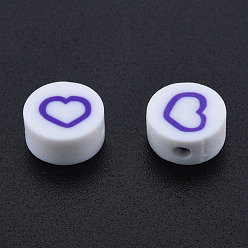 Blue Violet Handmade Polymer Clay Beads, Flat Round with Heart, Blue Violet, 9~9.5x4~5mm, Hole: 1.6mm